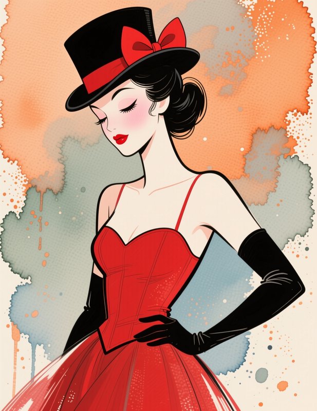 Elegant illustrated woman in a red corset gown and black top hat with a bright red bow