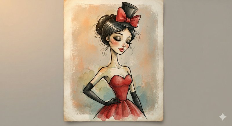 Whimsical stylized vintage woman in a red gown, tiny top hat, and long black gloves