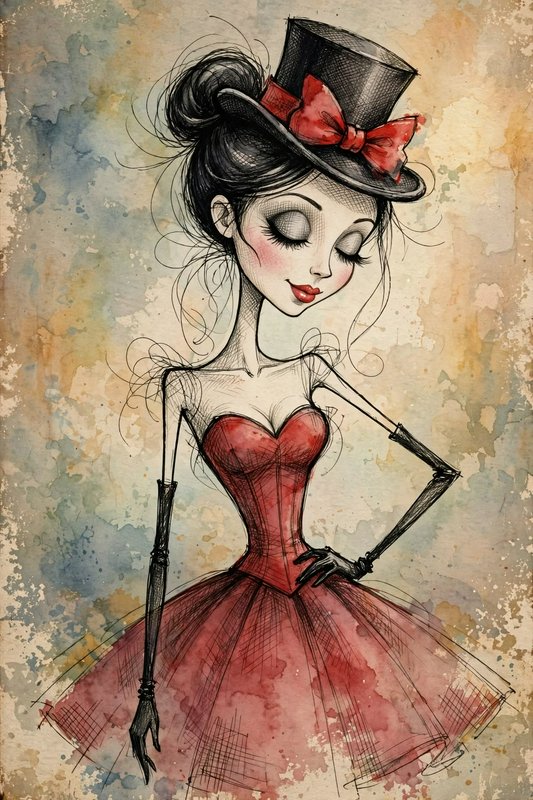 Whimsical stylized lady in a red corset gown and decorated top hat against a vintage watercolor background