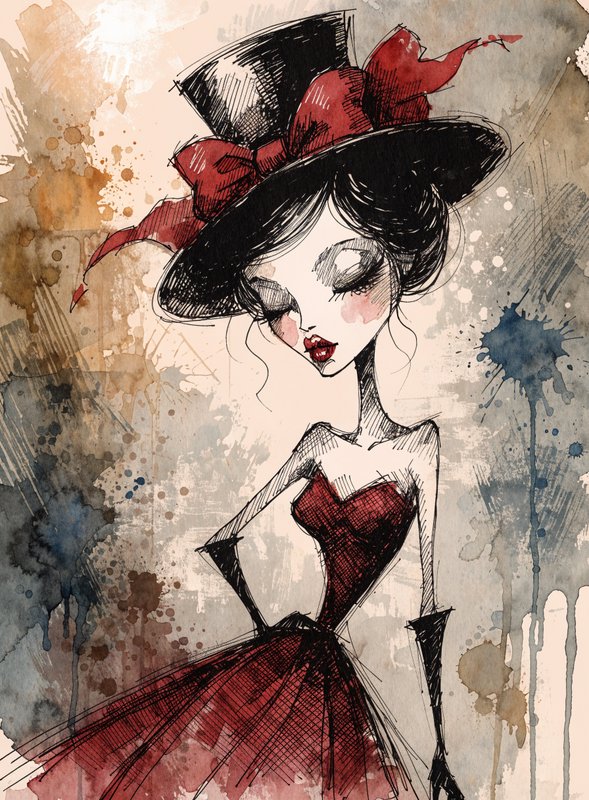 Stylized vintage illustration of an elegant woman in a black top hat and deep red ballgown