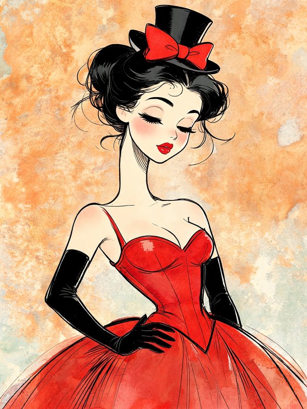 Stylized vintage cartoon woman in a red corset gown and tiny top hat with closed eyes