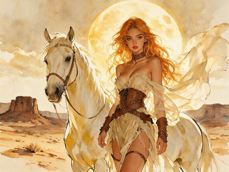 Red-haired fantasy wanderer stands beside a white horse beneath a glowing golden full moon in a desert
