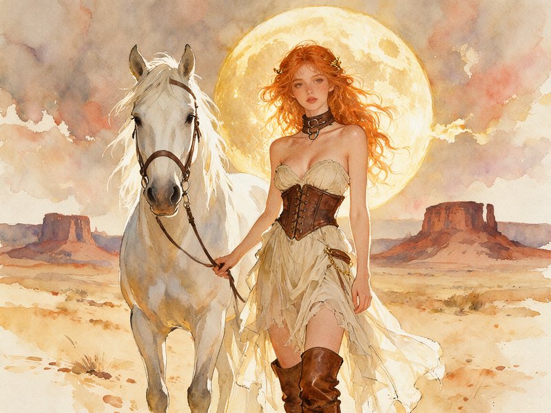 Red-haired fantasy wanderer leading a white horse across desert beneath a giant glowing full moon