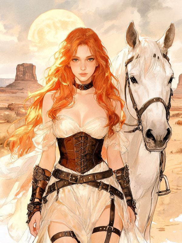 Fiery red-haired fantasy warrior stands beside a white horse in a sunlit desert mesa landscape