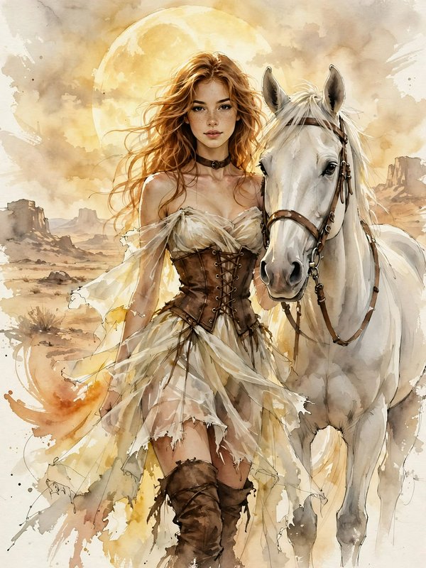 Red-haired wanderer stands beside a white horse under a glowing moon in a desert landscape