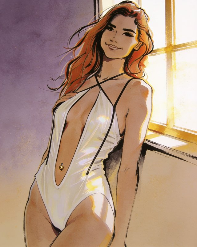 Red haired woman in a strappy white swimsuit leans against a sunlit window
