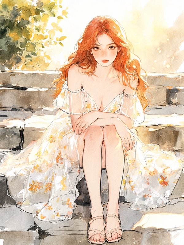 Young red-haired woman in a floral sundress sitting on sunlit stone steps