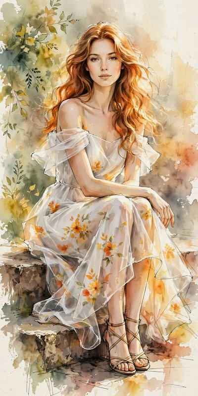 Ethereal watercolor portrait of a red-haired woman in a sheer floral dress seated on stone garden steps