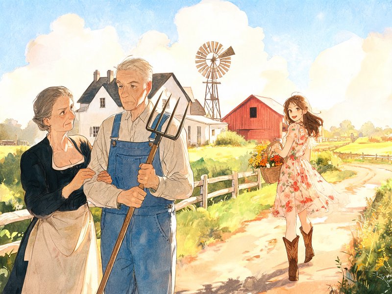 Elderly farm couple stand on a dirt country lane as a young woman carrying a flower basket glances back from the path
