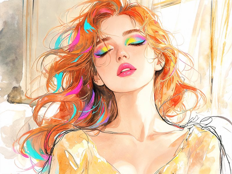 Soft watercolor portrait of a woman with rainbow makeup and streaked red hair, eyes closed in warm sunlit light