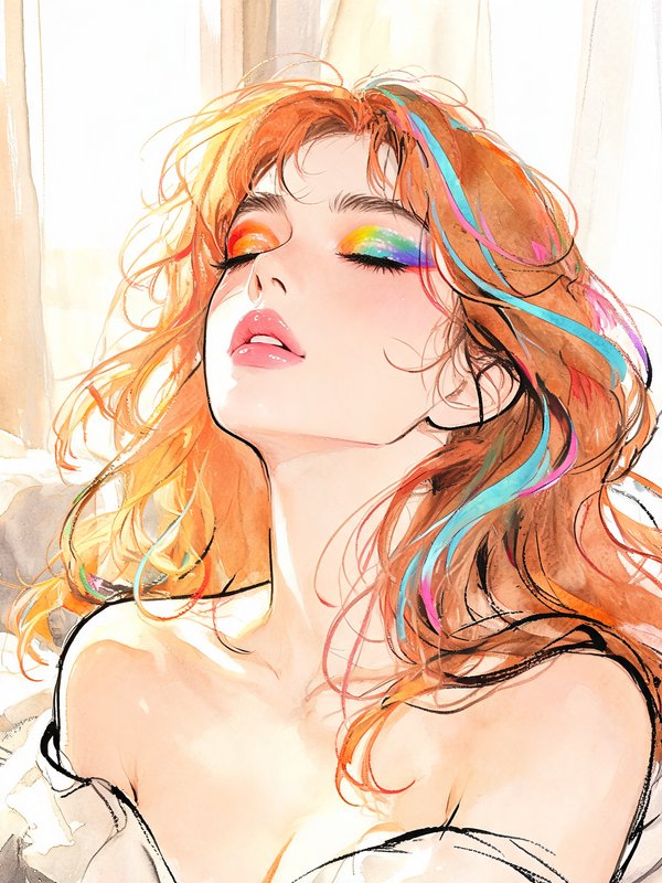 Watercolor portrait of a young woman with rainbow streaked hair, closed eyes, and bright rainbow eyeshadow