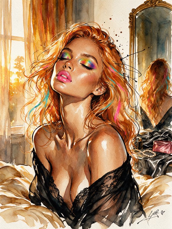 Watercolor portrait of a red-haired woman with rainbow eyeshadow basking in golden bedroom sunlight