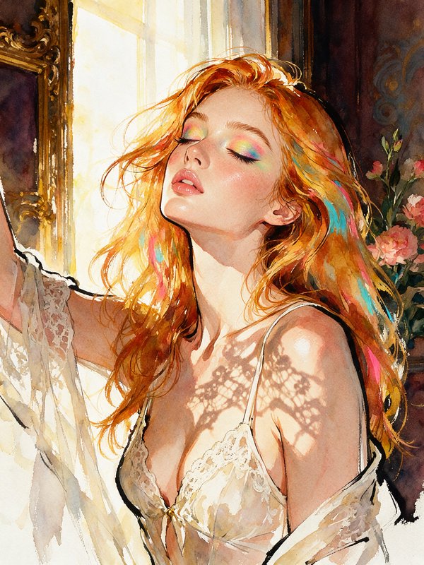 Watercolor portrait of a red-haired woman with rainbow eyeshadow, eyes closed in warm window sunlight