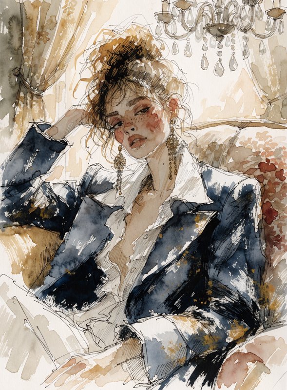 Expressive watercolor fashion portrait of a stylish woman lounging in a vintage ornate interior