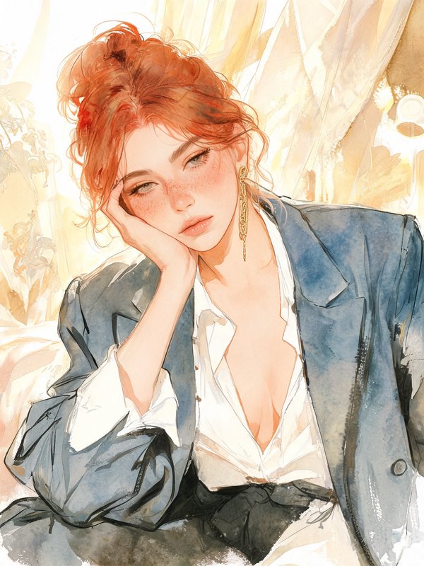 Soft watercolor portrait of a freckled red-haired woman resting her cheek on her hand