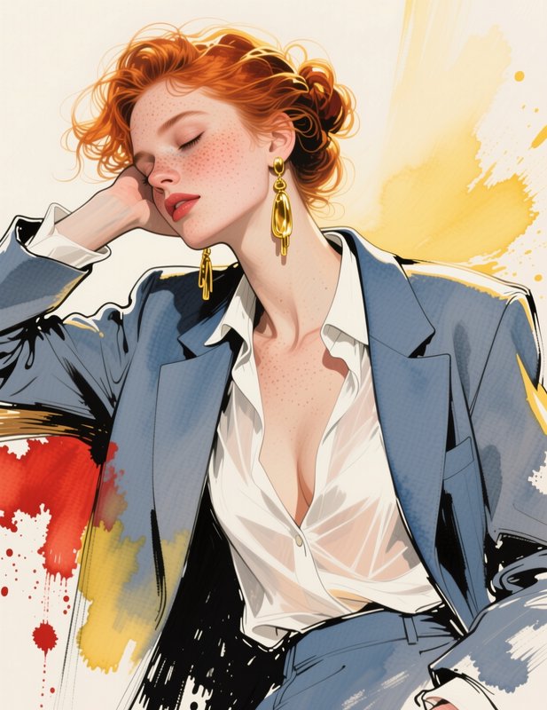 Stylized fashion portrait of a freckled red-haired woman resting with closed eyes, wearing a blue blazer and gold earrings