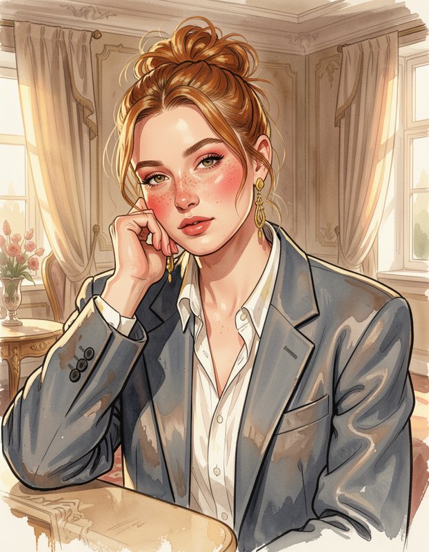 Watercolor portrait of a red-haired woman in a blazer resting her cheek on her hand in a sunlit parlor