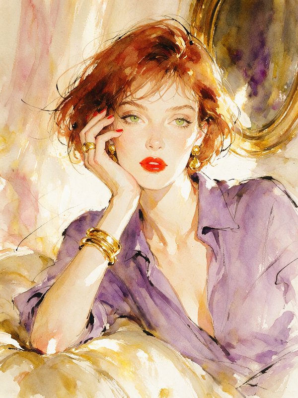 Watercolor portrait of a red-haired green-eyed woman resting her cheek on her hand