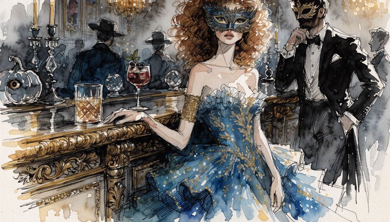 Woman in a gilded blue masquerade gown leans on an ornate bar at a formal masked ball, watercolor illustration