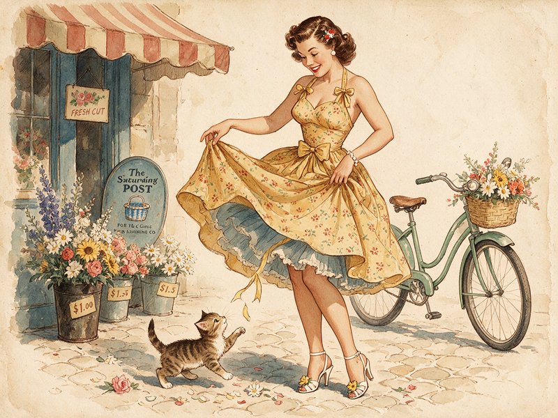 Retro 1950s pinup woman in a yellow floral dress plays with a tiny tabby kitten outside a cozy neighborhood flower shop