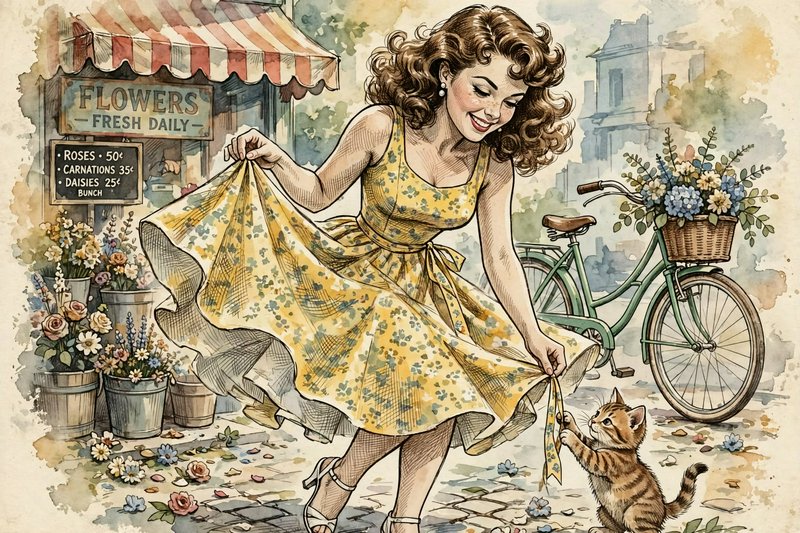 Smiling vintage woman in yellow floral dress plays with a tabby kitten outside a sunny street flower shop