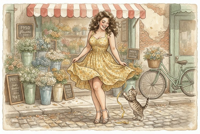 Smiling woman in a yellow floral dress stands outside a vintage flower shop as a tabby kitten tugs her dress ribbon