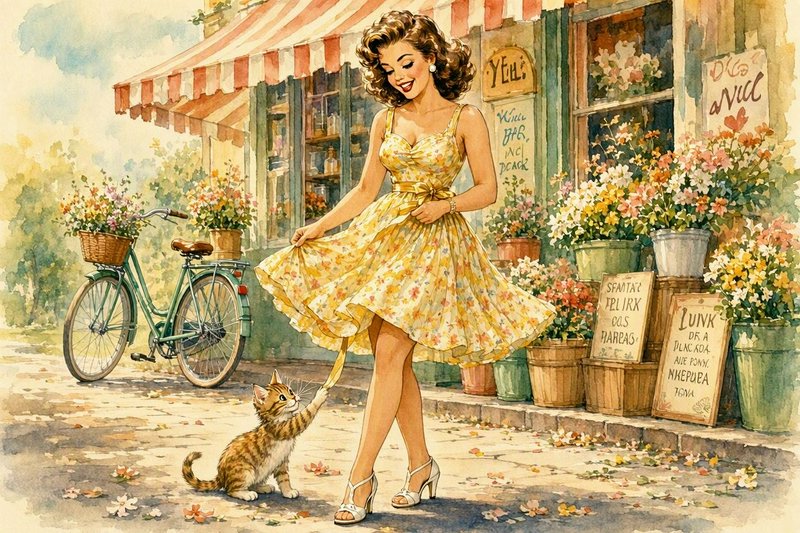Retro 1950s woman in a yellow floral dress plays with a tabby kitten outside a sunny vintage flower shop