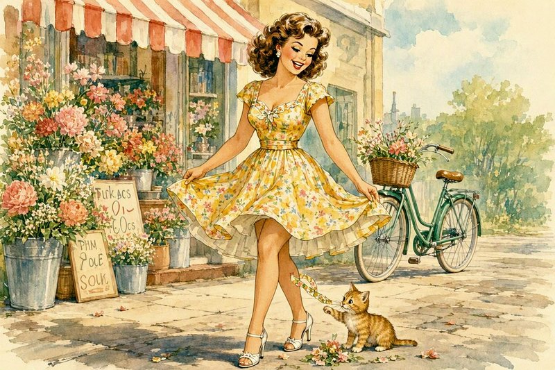 Retro pinup woman in a yellow floral dress smiles at a tabby kitten outside a vintage flower shop