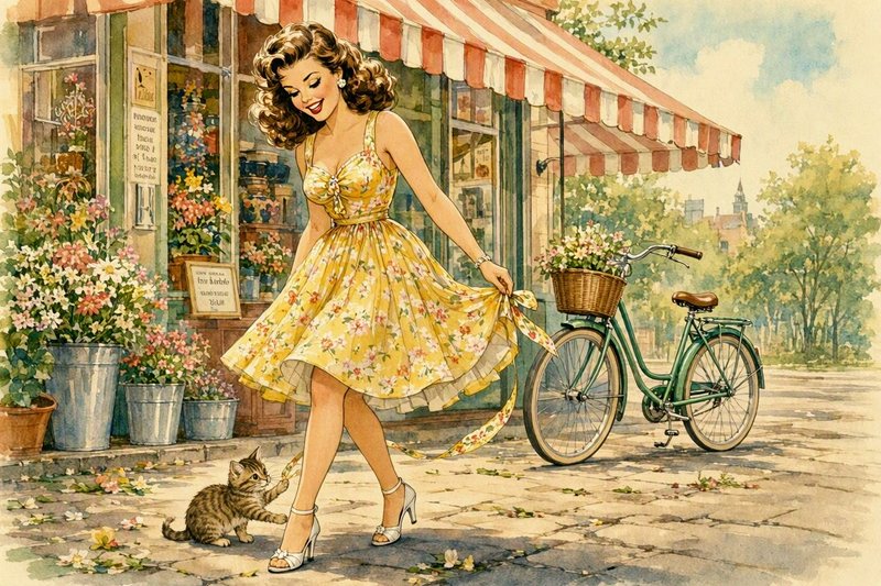 Retro 1950s woman in a yellow floral dress smiles as a tabby kitten tugs her skirt outside a flower shop next to a vintage