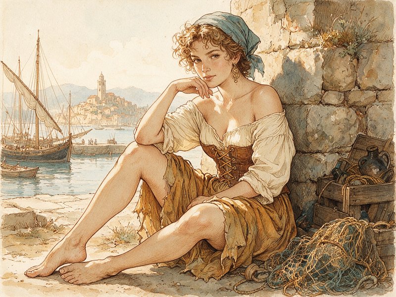 Pensive young fisherwoman sits against a stone wall overlooking a sunlit Mediterranean harbor