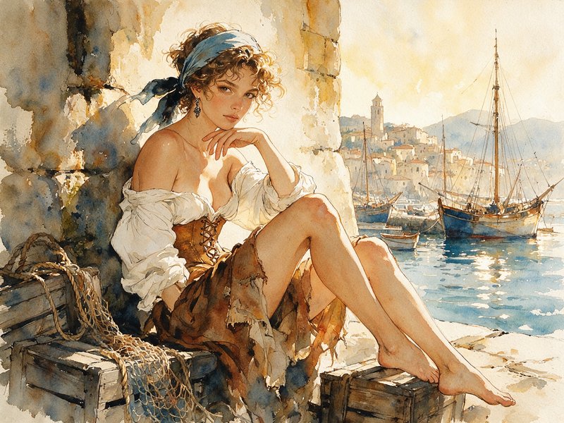 Pensive young woman sits on wooden crates overlooking a sunlit Mediterranean harbor in watercolor