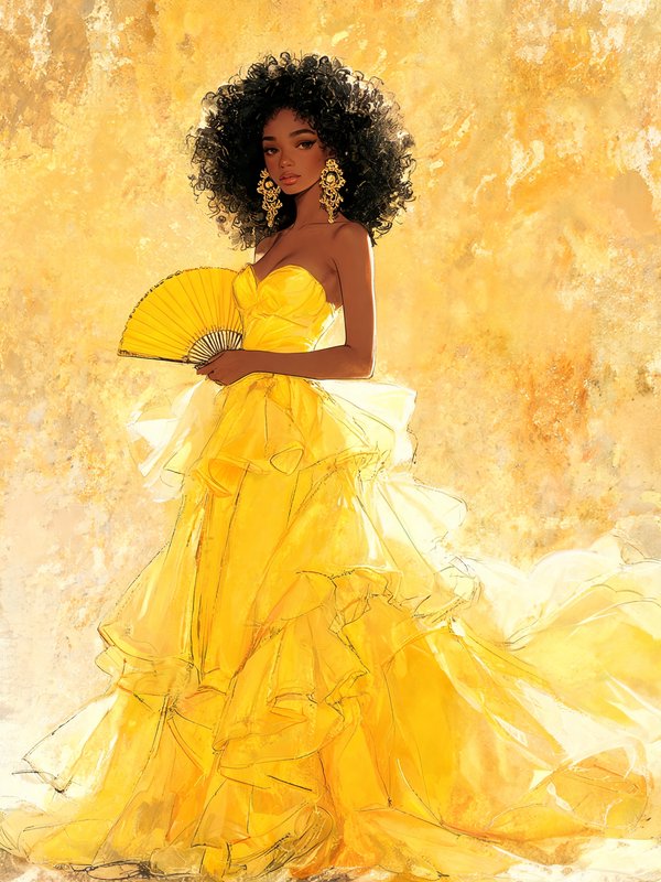 Elegant Black woman with curly hair in a ruffled yellow ball gown holds a matching hand fan