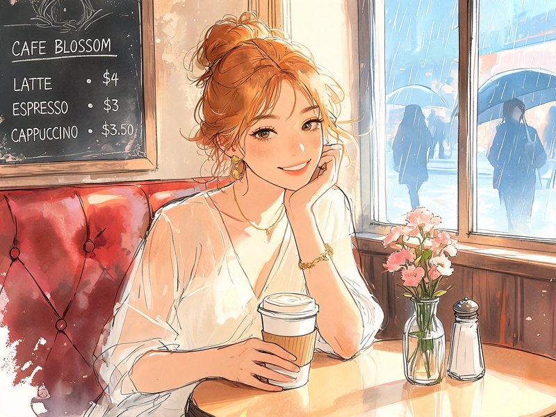 Smiling red-haired woman holds a latte while seated in a cozy cafe on a rainy day