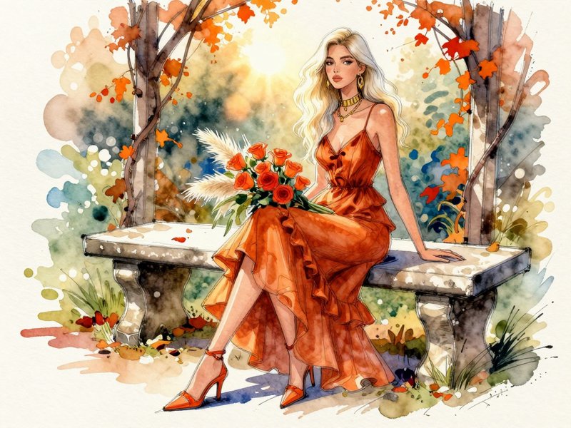Stylish blonde woman in an orange gown sits on a garden bench holding a rose bouquet in autumn surroundings