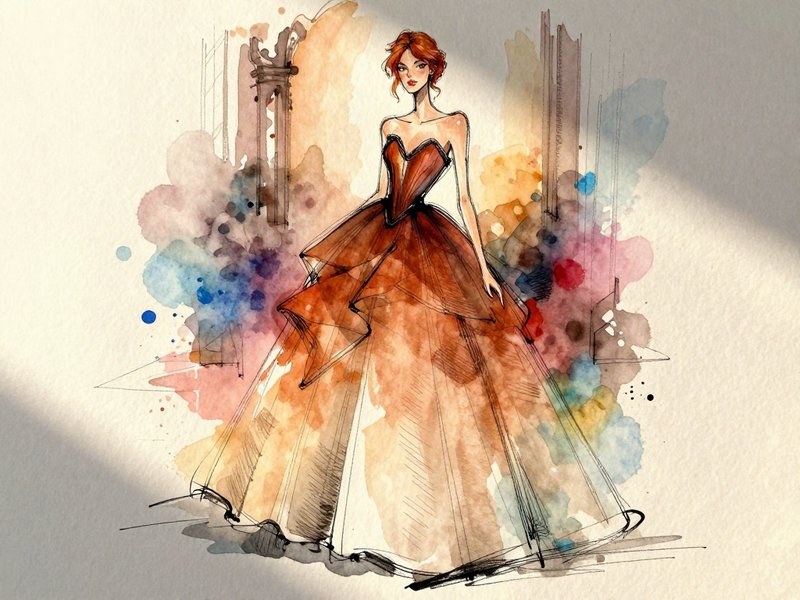 Watercolor fashion illustration of a red-haired model wearing a voluminous strapless gradient ball gown
