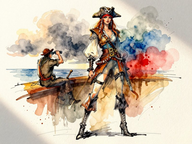 Red-haired female pirate captain stands on ship deck as crew scans the horizon with binoculars
