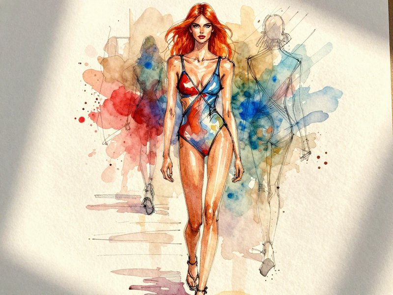 Red-haired model in a colorful one-piece swimsuit walks a runway in a watercolor fashion illustration