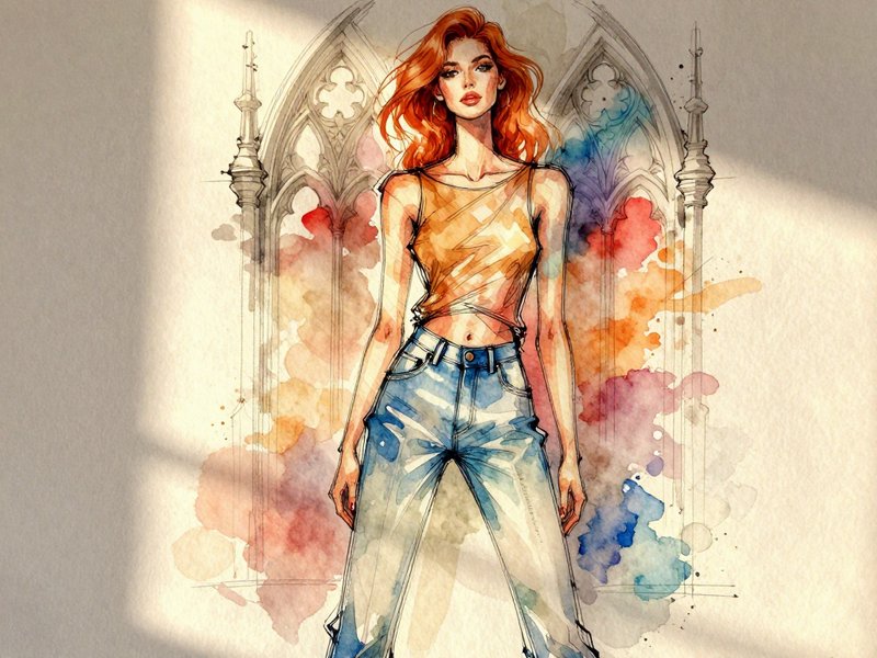 Watercolor fashion illustration of a red-haired woman in casual wear standing before gothic window arches