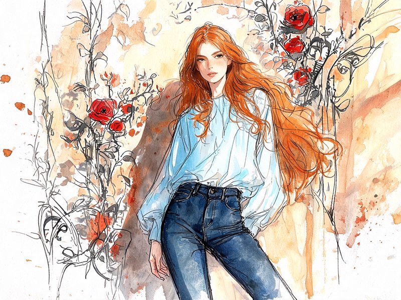 Fashion watercolor sketch of a young woman with long flowing red hair posed against rose vine foliage