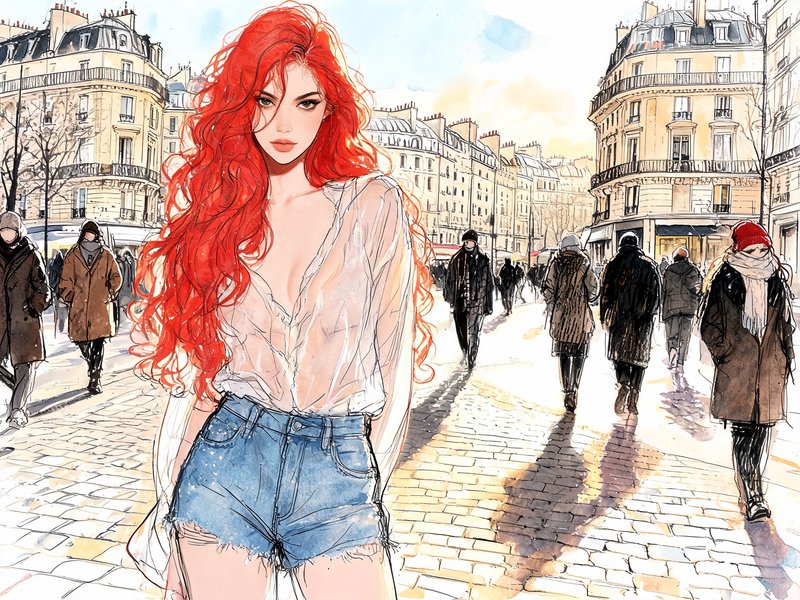 Young woman with long curly bright red hair standing on a sunlit Paris cobblestone street