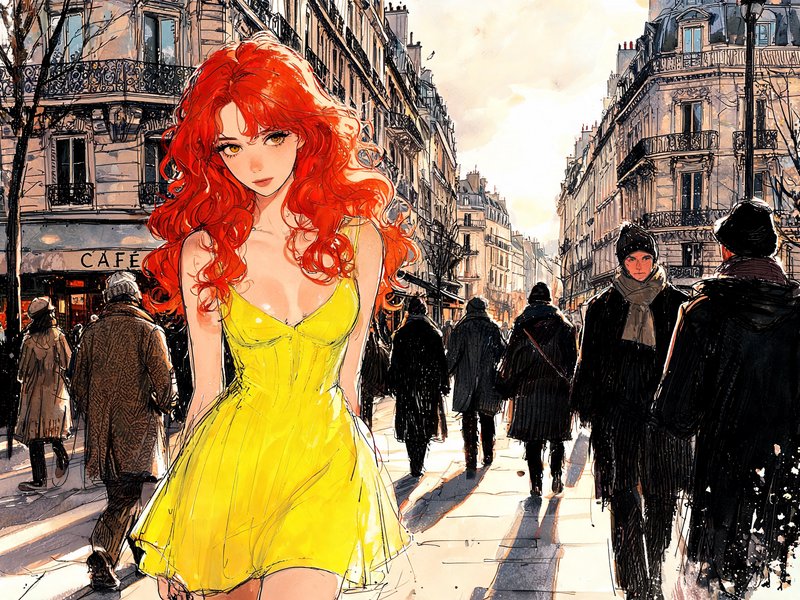Young woman with voluminous curly red hair in a bright yellow dress stands on a sunlit Paris sidewalk