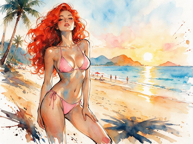 Curly red haired woman in a pink bikini poses on a sunny tropical beach at sunset