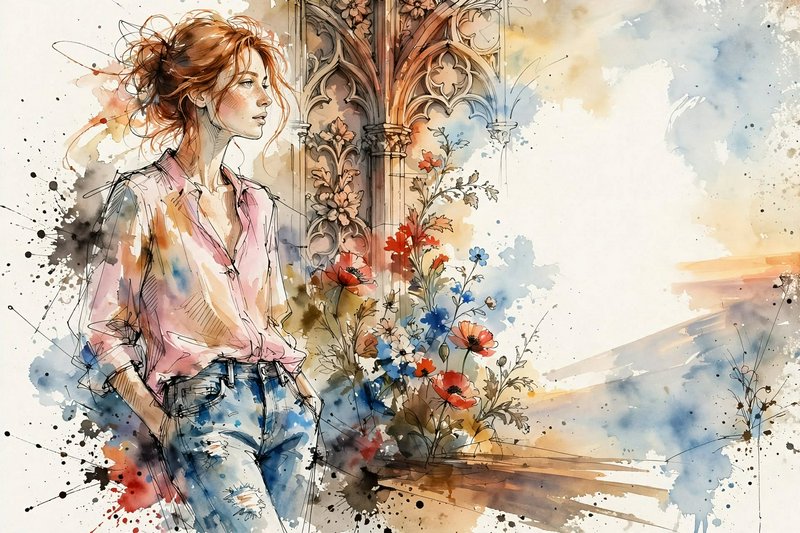 Loose watercolor sketch of a red-haired woman standing beside gothic tracery and wildflowers