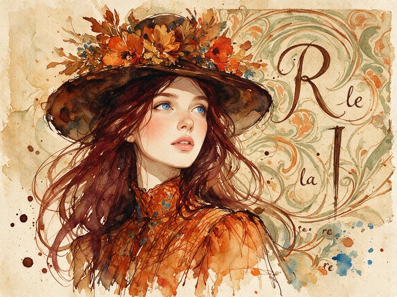 Watercolor portrait of a young red-haired woman with a flowered wide brim hat gazing upward