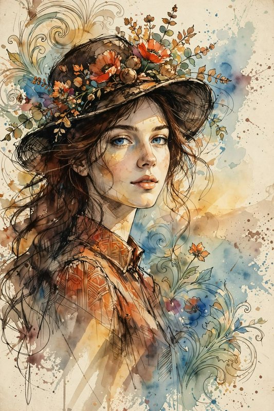 Portrait of a blue-eyed young woman wearing a flower-adorned wide brim hat in watercolor sketch style
