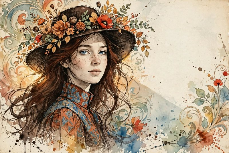 Watercolor portrait of a freckled red-haired woman wearing a wide hat decorated with autumn wildflowers