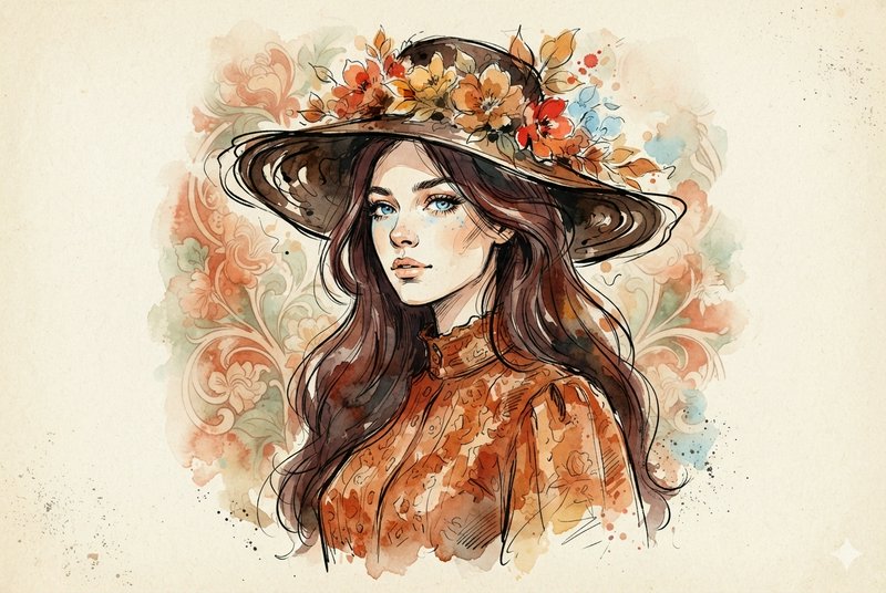 Ink and watercolor portrait of a young woman wearing a flower-adorned wide brim hat