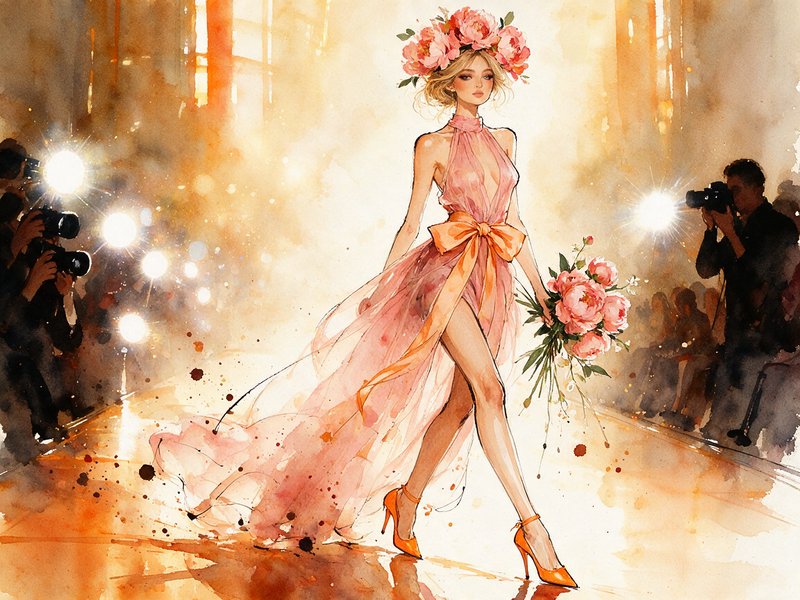 Elegant runway model in a pink tulle gown and peony crown walks the catwalk as photographers take photos