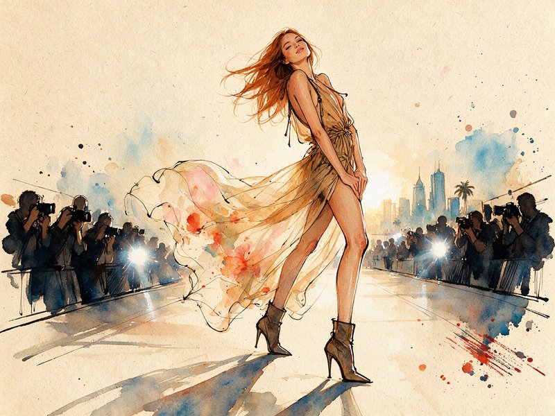 Red haired model in flowing sheer gown poses on a red carpet for paparazzi at a fashion event