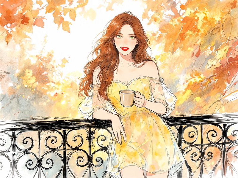 Red-haired woman in a yellow dress holding a coffee mug on a balcony surrounded by autumn foliage